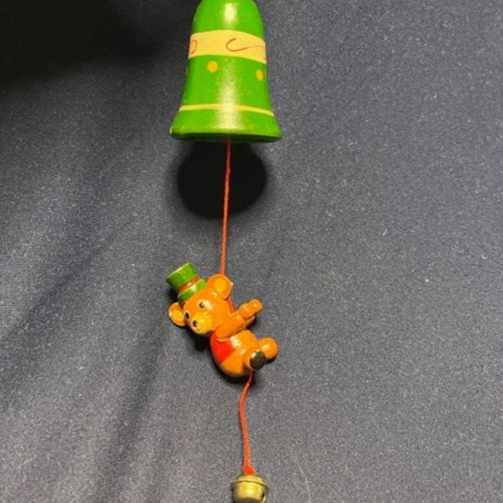 VTG Wooden Christmas Bell w/Hanging Bear & Jingle Bell Ornament 7"